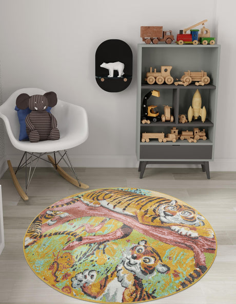 Multicolor 6' 1 x 6' 1 Whimsy Kids Round Area Rug for Baby Nursery, Toddler Playroom,  Bedrooms Playful Fun Design Easy Clean Carpet for Sale at Rug Engine
