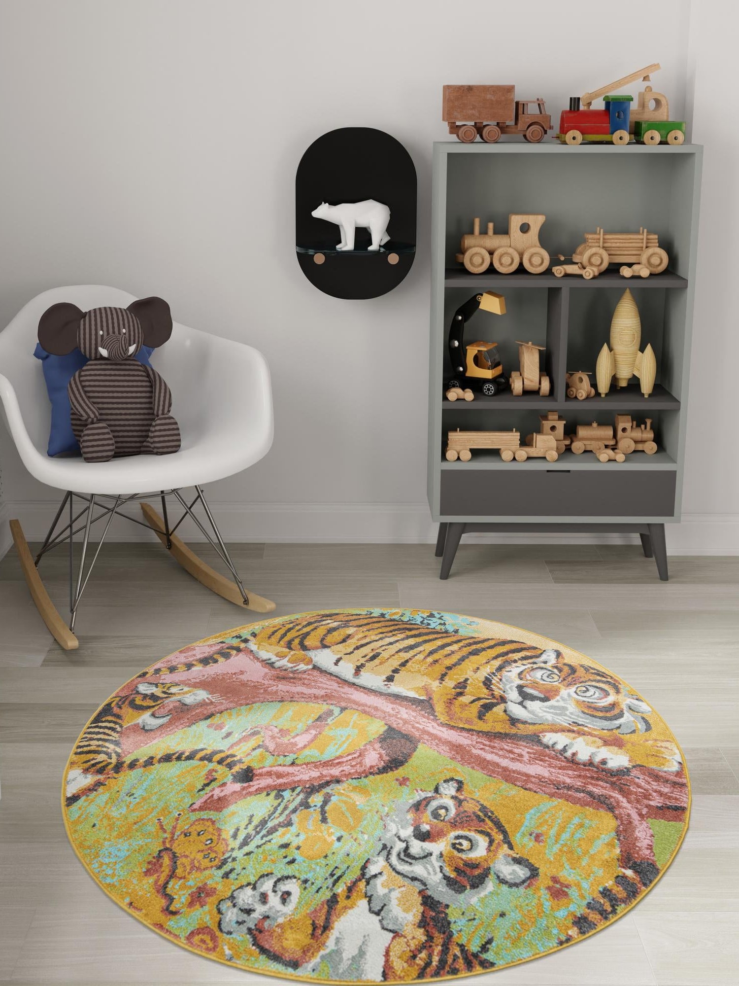 Multicolor 5' 1 x 5' 1 Whimsy Kids Round Area Rug for Baby Nursery, Toddler Playroom,  Bedrooms Playful Fun Design Easy Clean Carpet for Sale at Rug Engine