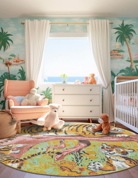 Multicolor 6' 1 x 6' 1 Whimsy Kids Round Area Rug for Baby Nursery, Toddler Playroom,  Bedrooms Playful Fun Design Easy Clean Carpet for Sale at Rug Engine