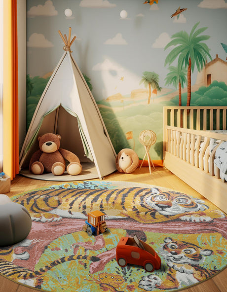 Multicolor 7' 10 x 7' 10 Whimsy Kids Round Area Rug for Baby Nursery, Toddler Playroom,  Bedrooms Playful Fun Design Easy Clean Carpet for Sale at Rug Engine