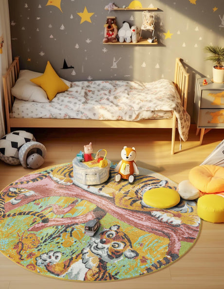 Multicolor 6' 1 x 6' 1 Whimsy Kids Round Area Rug for Baby Nursery, Toddler Playroom,  Bedrooms Playful Fun Design Easy Clean Carpet for Sale at Rug Engine