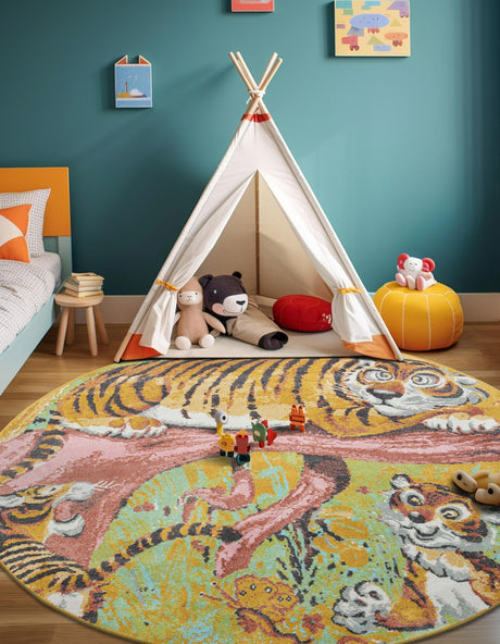 Multicolor 7' 10 x 7' 10 Whimsy Kids Round Area Rug for Baby Nursery, Toddler Playroom,  Bedrooms Playful Fun Design Easy Clean Carpet for Sale at Rug Engine