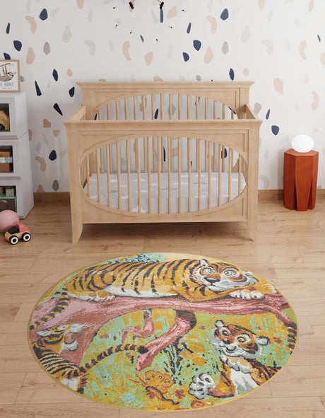 Multicolor 6' 1 x 6' 1 Whimsy Kids Round Area Rug for Baby Nursery, Toddler Playroom,  Bedrooms Playful Fun Design Easy Clean Carpet for Sale at Rug Engine
