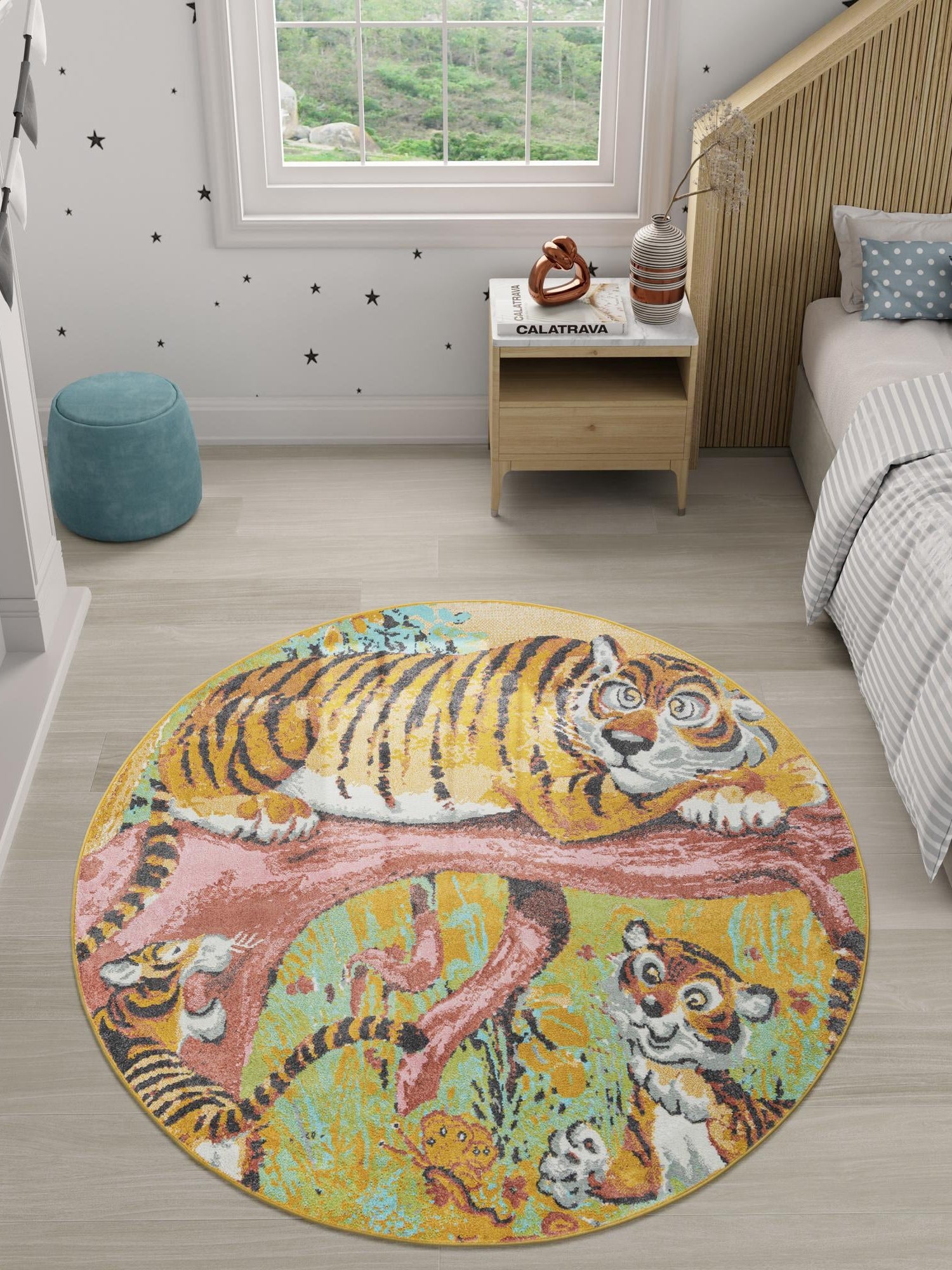 Multicolor 6' 1 x 6' 1 Whimsy Kids Round Area Rug for Baby Nursery, Toddler Playroom,  Bedrooms Playful Fun Design Easy Clean Carpet for Sale at Rug Engine