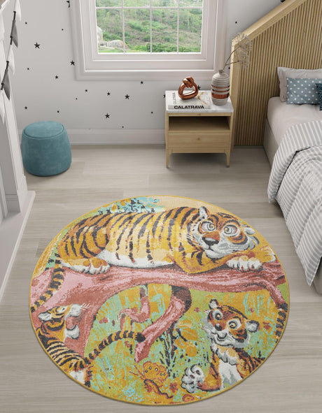 Multicolor 6' 1 x 6' 1 Whimsy Kids Round Area Rug for Baby Nursery, Toddler Playroom,  Bedrooms Playful Fun Design Easy Clean Carpet for Sale at Rug Engine