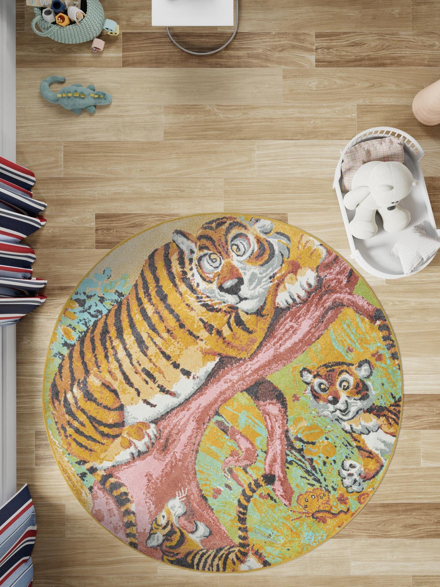 Multicolor 6' 1 x 6' 1 Whimsy Kids Round Area Rug for Baby Nursery, Toddler Playroom,  Bedrooms Playful Fun Design Easy Clean Carpet for Sale at Rug Engine