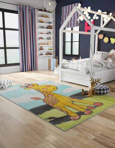 Blue 4' 1 x 6' 1 Whimsy Kids Rectangle Area Rug for Baby Nursery, Toddler Playroom,  Bedrooms Playful Fun Design Easy Clean Carpet for Sale at Rug Engine
