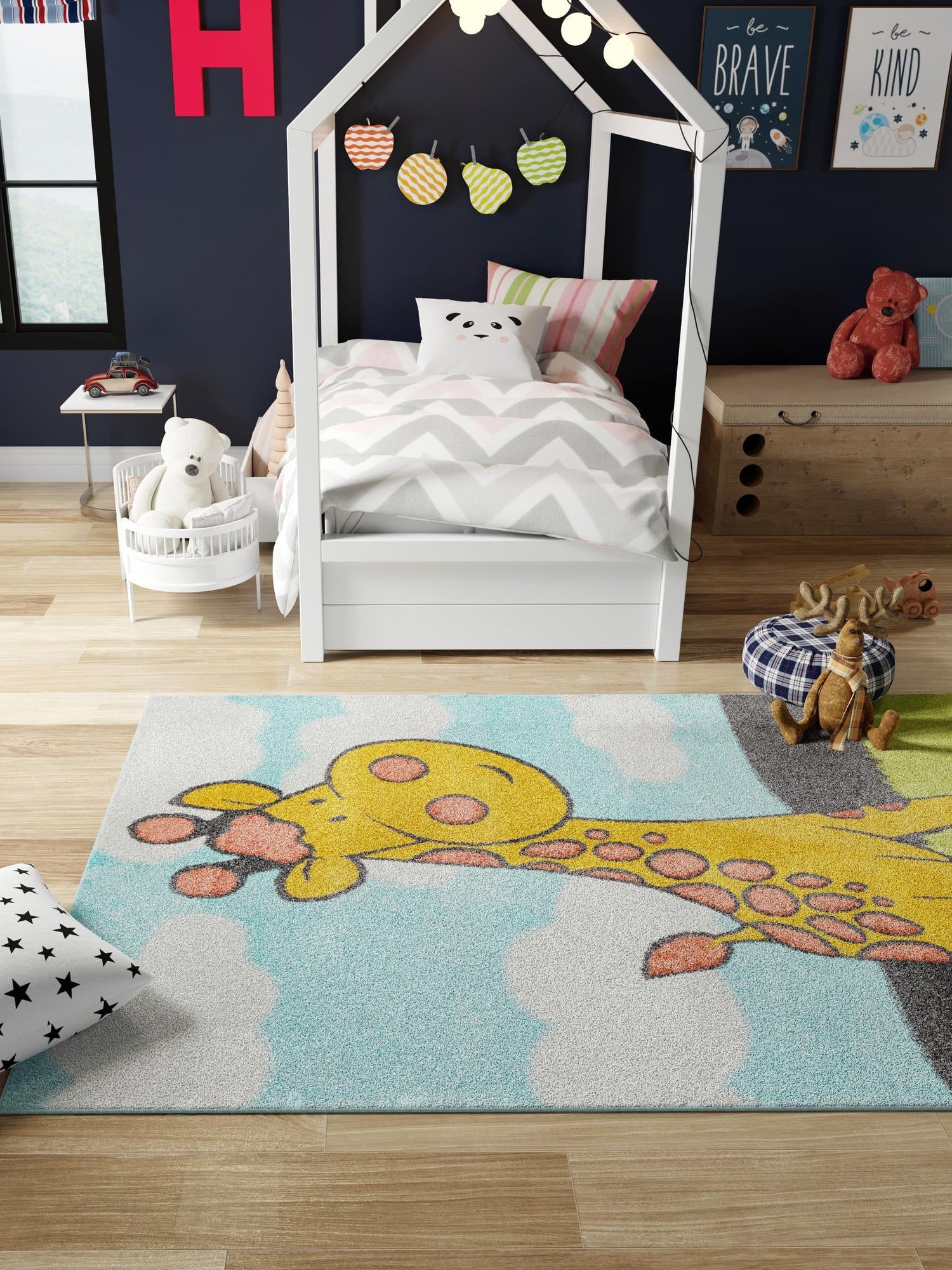 Blue 5' 3 x 8' Whimsy Kids Rectangle Area Rug for Baby Nursery, Toddler Playroom, Bedrooms