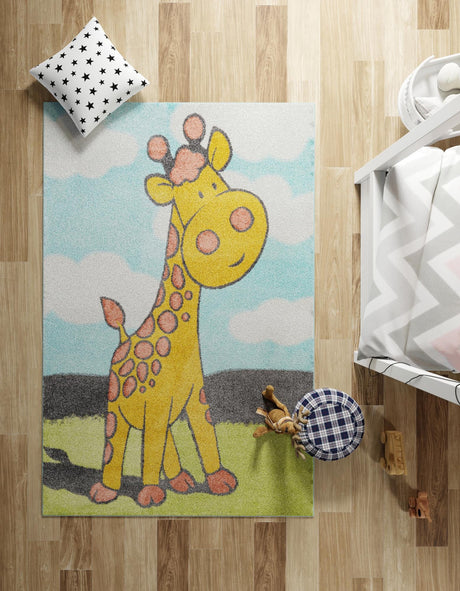 Blue 4' 1 x 6' 1 Whimsy Kids Rectangle Area Rug for Baby Nursery, Toddler Playroom,  Bedrooms Playful Fun Design Easy Clean Carpet for Sale at Rug Engine