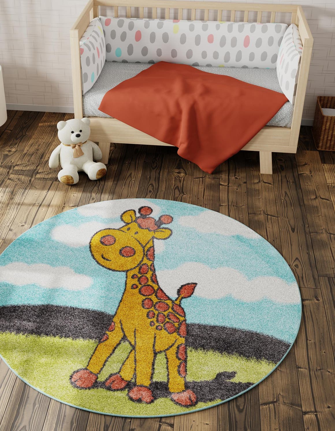 Blue 7' 10 x 7' 10 Whimsy Kids Round Area Rug for Baby Nursery, Toddler Playroom, Bedrooms