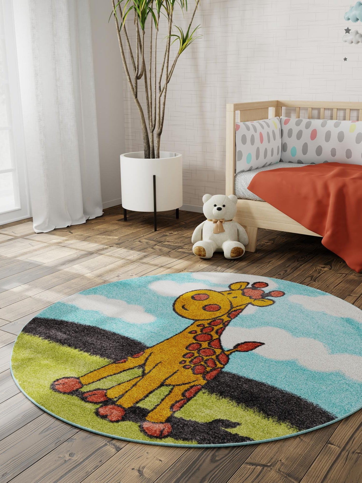 Blue 2' 2 x 2' 2 Whimsy Kids Round Area Rug for Baby Nursery, Toddler Playroom, Bedrooms