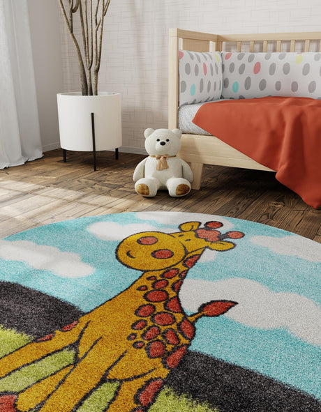 Blue 6' 1 x 6' 1 Whimsy Kids Round Area Rug for Baby Nursery, Toddler Playroom,  Bedrooms Playful Fun Design Easy Clean Carpet for Sale at Rug Engine