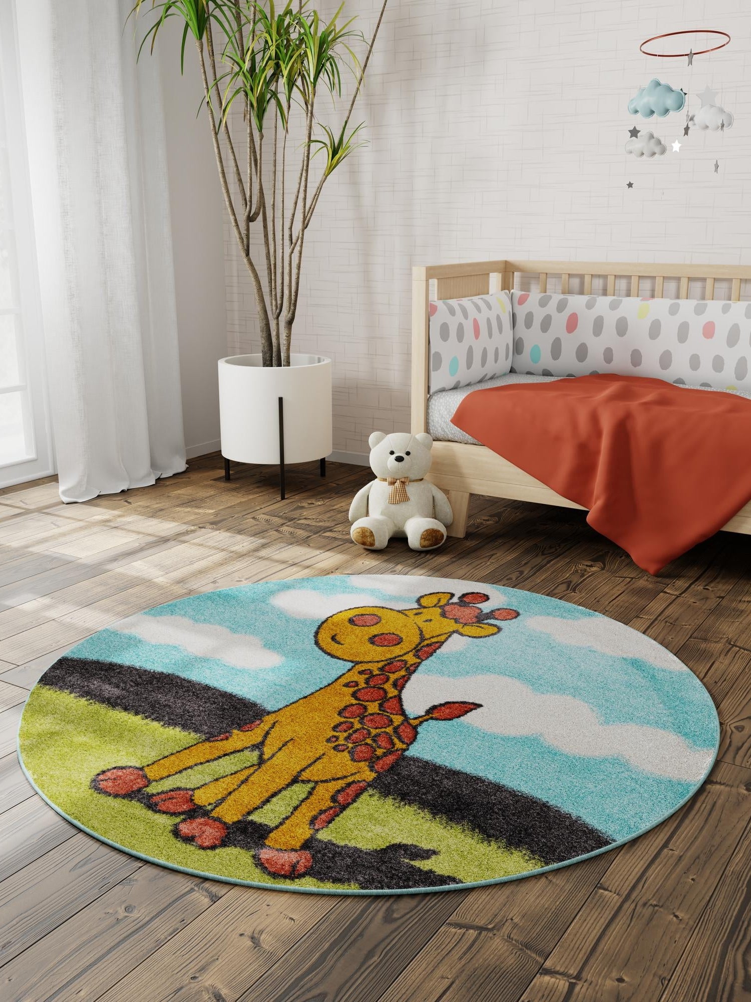 Blue 2' 2 x 2' 2 Whimsy Kids Round Area Rug for Baby Nursery, Toddler Playroom, Bedrooms