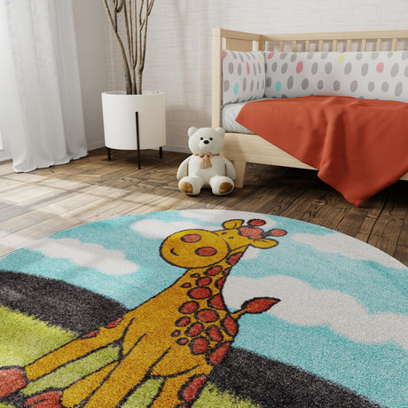 Blue 2' 2 x 2' 2 Whimsy Kids Round Area Rug for Baby Nursery, Toddler Playroom,  Bedrooms Playful Fun Design Easy Clean Carpet for Sale at Rug Engine