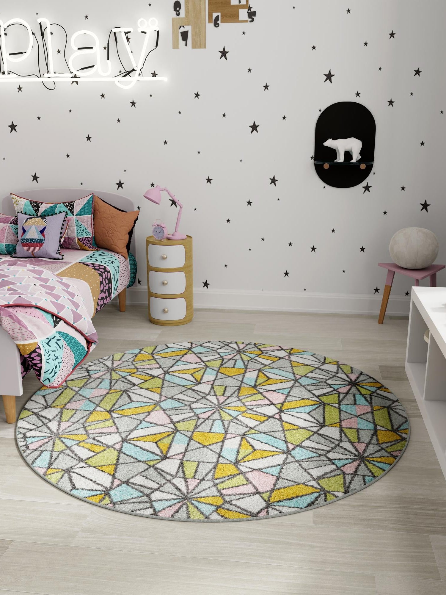 Multicolor 7' 10 x 7' 10 Whimsy Kids Round Area Rug for Baby Nursery, Toddler Playroom, Bedrooms