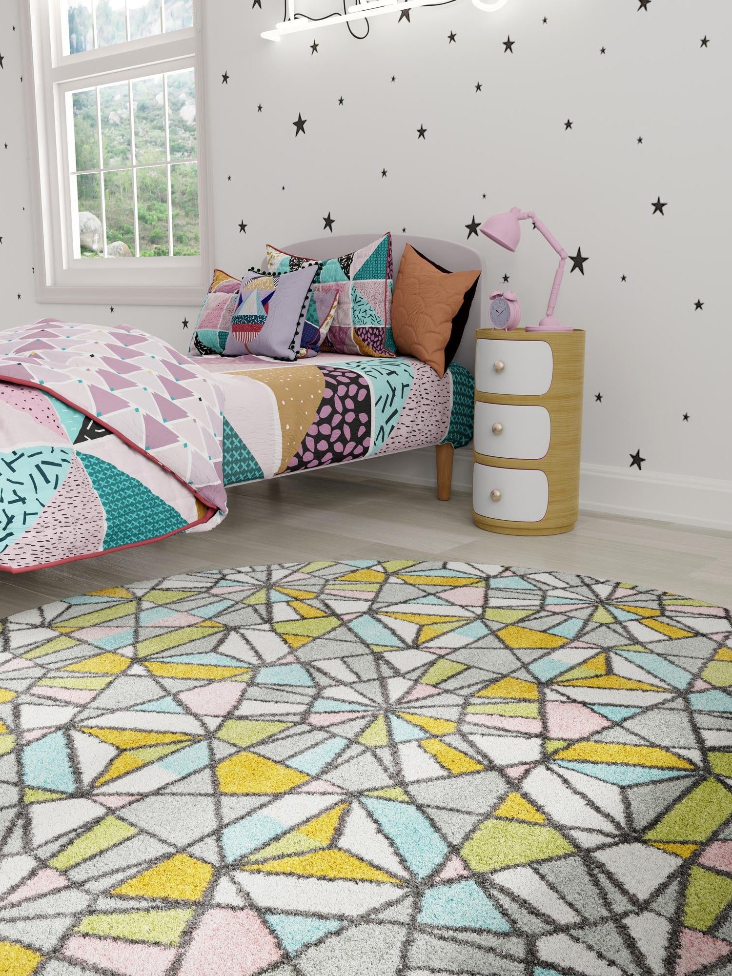 Multicolor 3' 3 x 3' 3 Whimsy Kids Round Area Rug for Baby Nursery, Toddler Playroom, Bedrooms