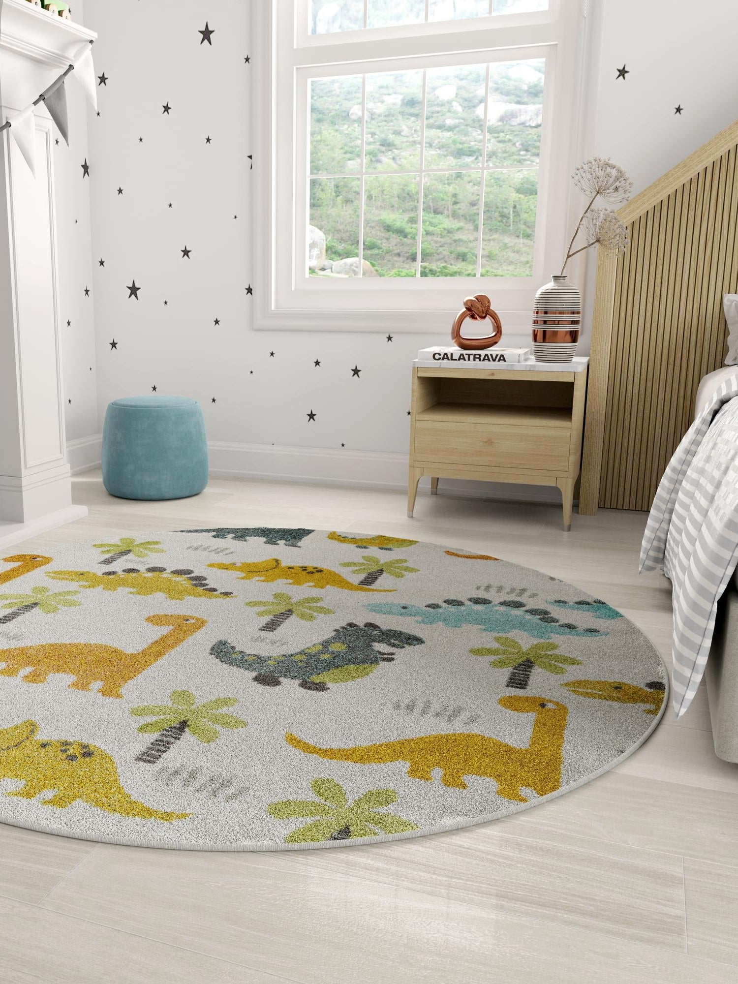 Ivory 5' 1 x 5' 1 Whimsy Kids Round Area Rug for Baby Nursery, Toddler Playroom, Bedrooms