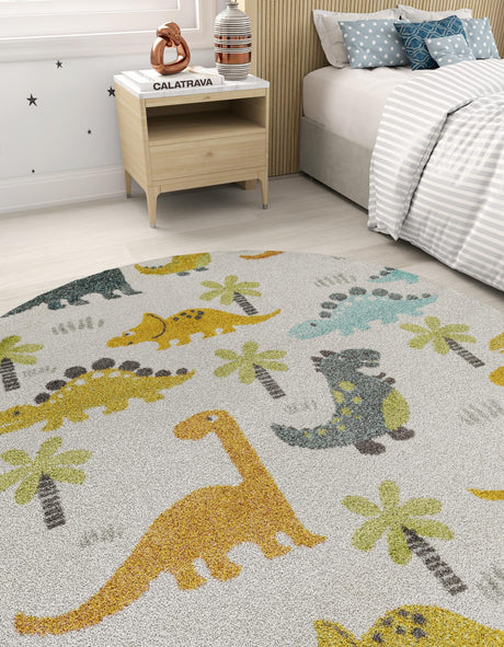 Ivory 6' 1 x 6' 1 Whimsy Kids Round Area Rug for Baby Nursery, Toddler Playroom,  Bedrooms Playful Fun Design Easy Clean Carpet for Sale at Rug Engine