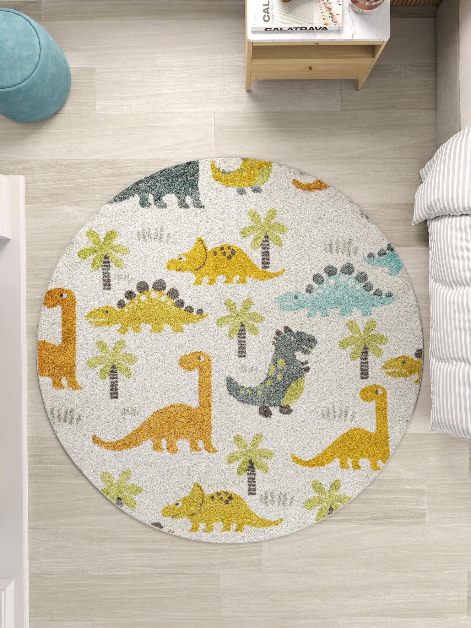 Ivory 6' 1 x 6' 1 Whimsy Kids Round Area Rug for Baby Nursery, Toddler Playroom, Bedrooms