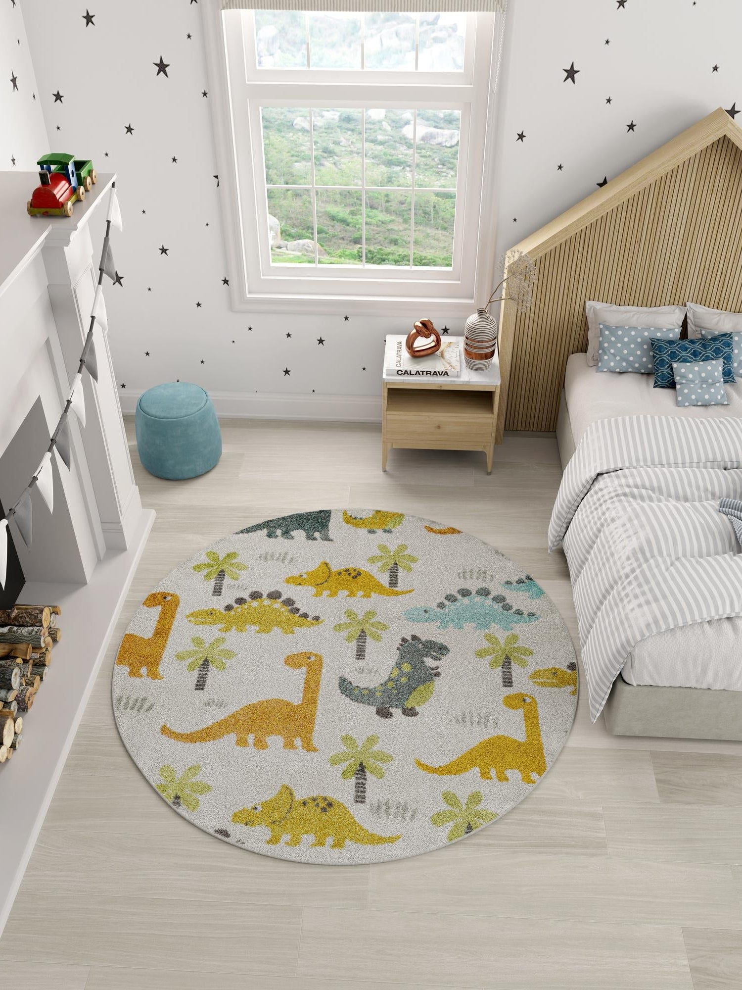 Ivory 5' 1 x 5' 1 Whimsy Kids Round Area Rug for Baby Nursery, Toddler Playroom, Bedrooms