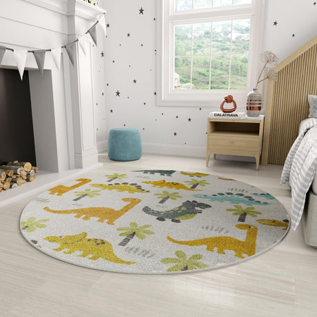 Ivory 5' 1 x 5' 1 Whimsy Kids Round Area Rug for Baby Nursery, Toddler Playroom,  Bedrooms Playful Fun Design Easy Clean Carpet for Sale at Rug Engine