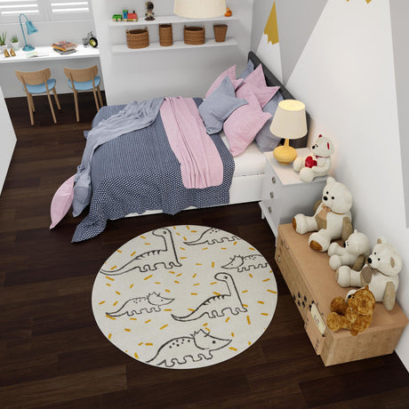 Ivory 7' 10 x 7' 10 Whimsy Kids Round Area Rug for Baby Nursery, Toddler Playroom,  Bedrooms Playful Fun Design Easy Clean Carpet for Sale at Rug Engine
