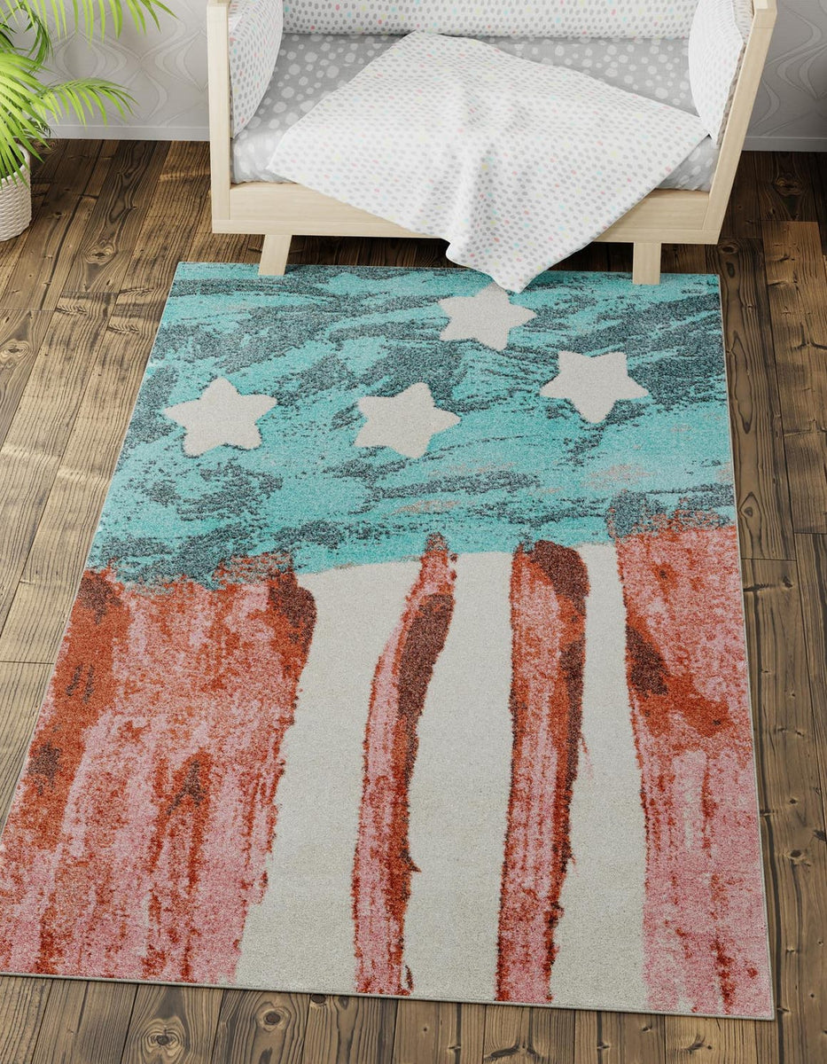 Red and Blue 4' 1 x 6' 1 Whimsy Kids Rectangle Area Rug for Baby Nurse ...