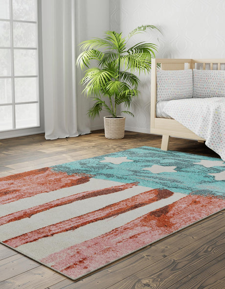 Red and Blue 5' 3 x 8' Whimsy Kids Rectangle Area Rug for Baby Nursery, Toddler Playroom,  Bedrooms Playful Fun Design Easy Clean Carpet for Sale at Rug Engine