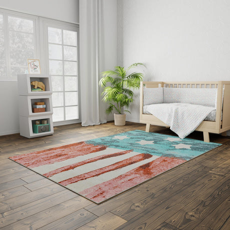 Red and Blue 5' 3 x 8' Whimsy Kids Rectangle Area Rug for Baby Nursery, Toddler Playroom,  Bedrooms Playful Fun Design Easy Clean Carpet for Sale at Rug Engine