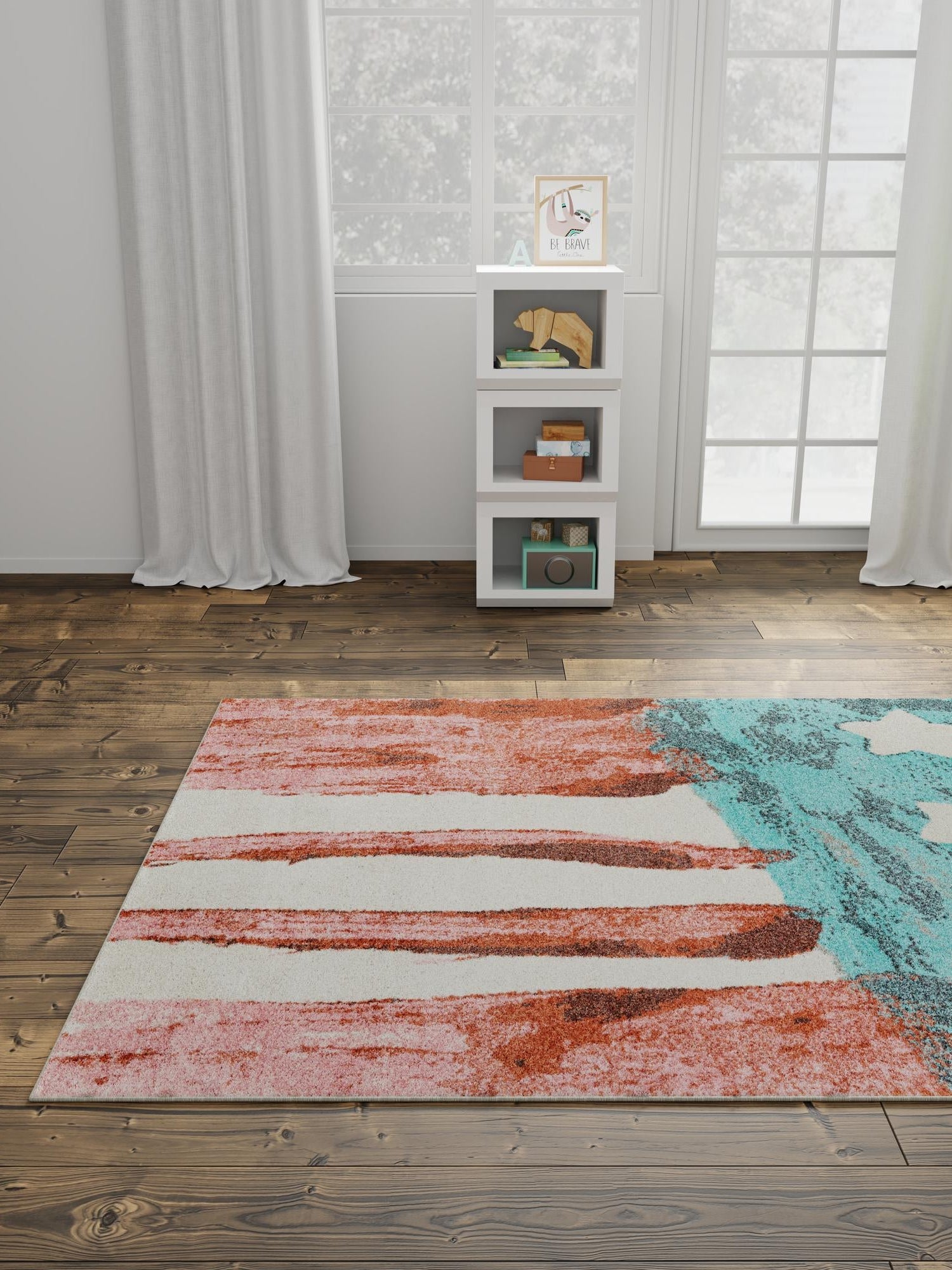 Red and Blue 4' 1 x 6' 1 Whimsy Kids Rectangle Area Rug for Baby Nursery, Toddler Playroom, Bedrooms