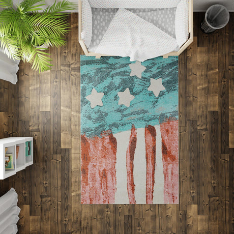 Red and Blue 4' 1 x 6' 1 Whimsy Kids Rectangle Area Rug for Baby Nursery, Toddler Playroom,  Bedrooms Playful Fun Design Easy Clean Carpet for Sale at Rug Engine