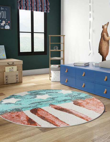 Red and Blue 3' 3 x 3' 3 Whimsy Kids Round Area Rug for Baby Nursery, Toddler Playroom,  Bedrooms Playful Fun Design Easy Clean Carpet for Sale at Rug Engine