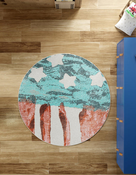 Red and Blue 3' 3 x 3' 3 Whimsy Kids Round Area Rug for Baby Nursery, Toddler Playroom,  Bedrooms Playful Fun Design Easy Clean Carpet for Sale at Rug Engine