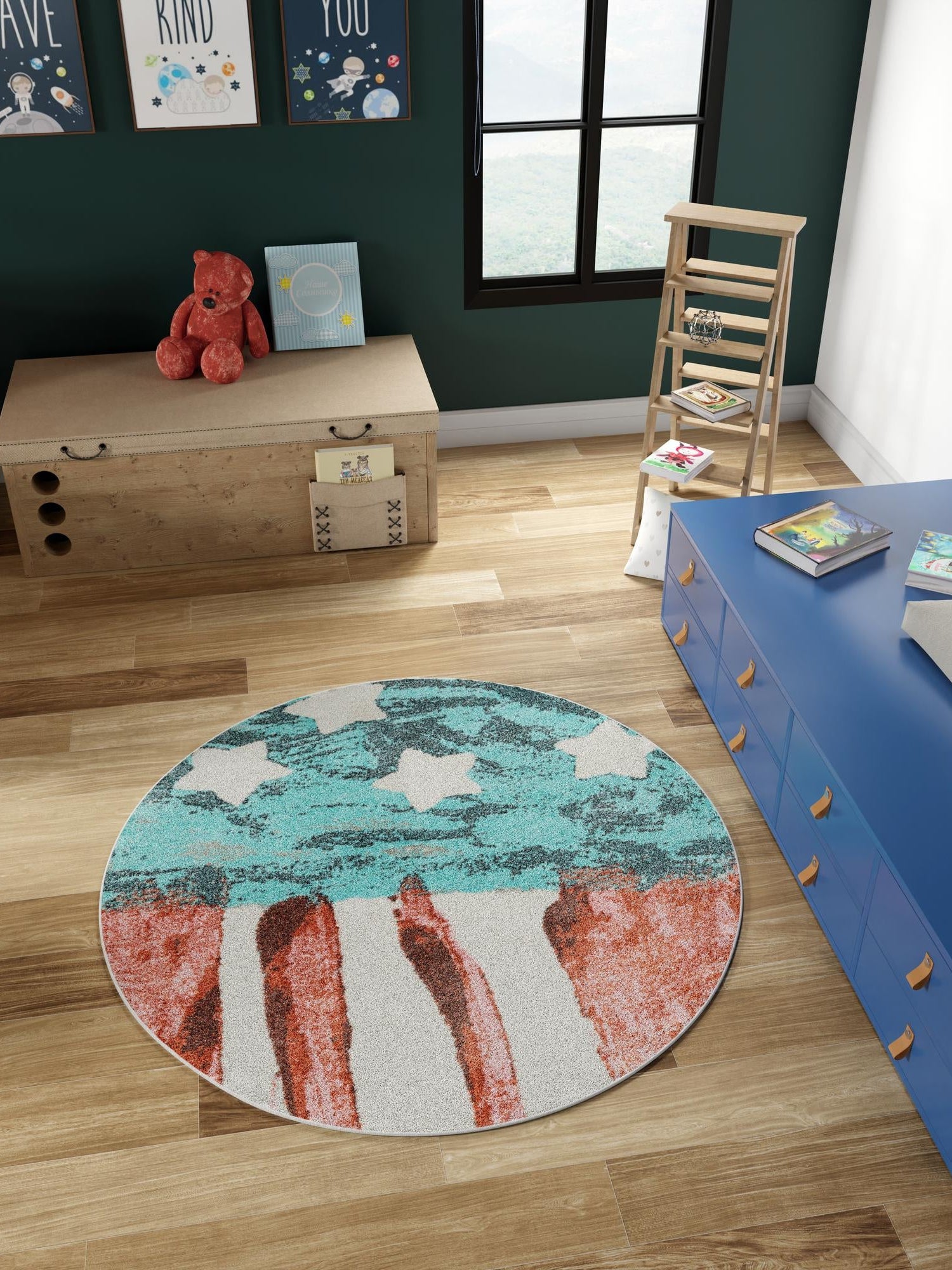Red and Blue 7' 10 x 7' 10 Whimsy Kids Round Area Rug for Baby Nursery, Toddler Playroom, Bedrooms