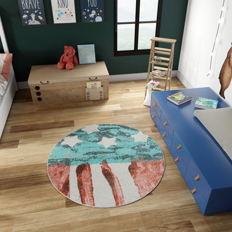 Red and Blue 7' 10 x 7' 10 Whimsy Kids Round Area Rug for Baby Nursery, Toddler Playroom,  Bedrooms Playful Fun Design Easy Clean Carpet for Sale at Rug Engine