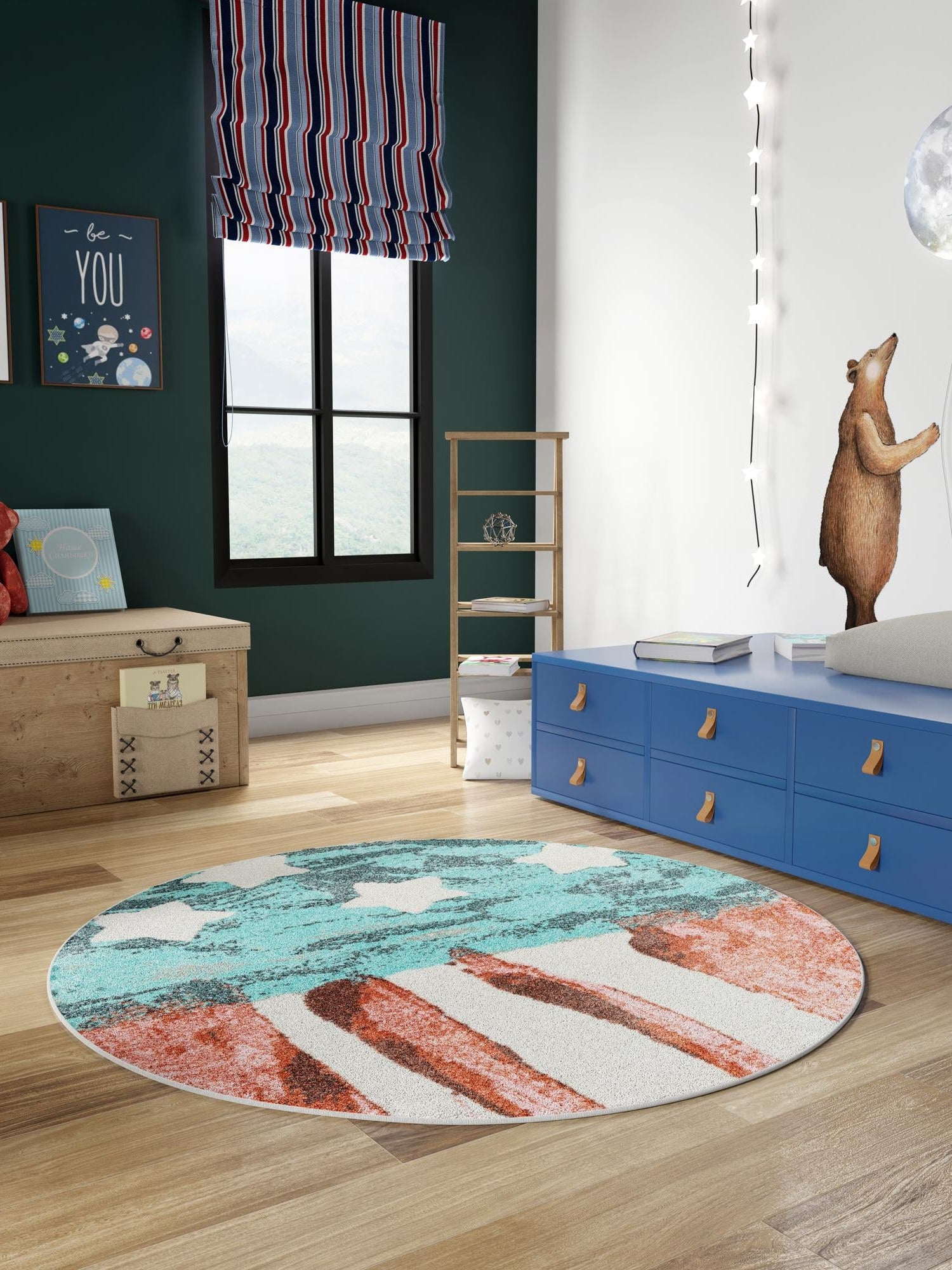 Red and Blue 2' 2 x 2' 2 Whimsy Kids Round Area Rug for Baby Nursery, Toddler Playroom, Bedrooms