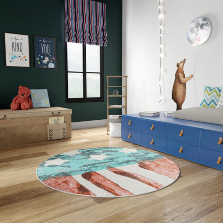 Red and Blue 2' 2 x 2' 2 Whimsy Kids Round Area Rug for Baby Nursery, Toddler Playroom,  Bedrooms Playful Fun Design Easy Clean Carpet for Sale at Rug Engine