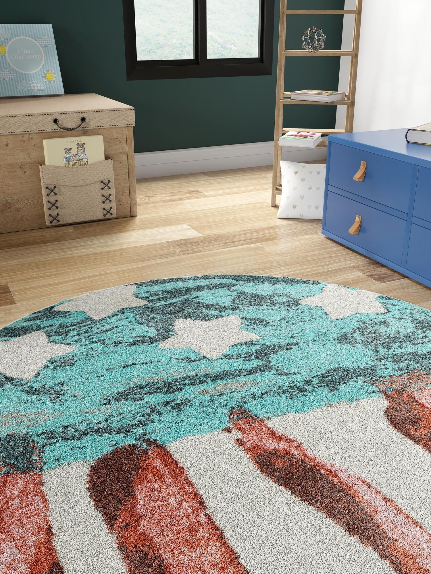 Red and Blue 7' 10 x 7' 10 Whimsy Kids Round Area Rug for Baby Nursery, Toddler Playroom, Bedrooms