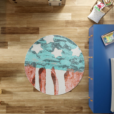 Red and Blue 7' 10 x 7' 10 Whimsy Kids Round Area Rug for Baby Nursery, Toddler Playroom,  Bedrooms Playful Fun Design Easy Clean Carpet for Sale at Rug Engine