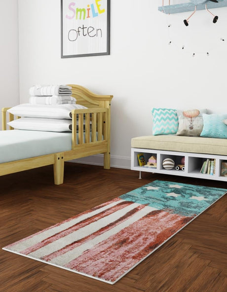 Red and Blue 2' 2 x 6' 1 Whimsy Kids Runner Area Rug for Baby Nursery, Toddler Playroom,  Bedrooms Playful Fun Design Easy Clean Carpet for Sale at Rug Engine