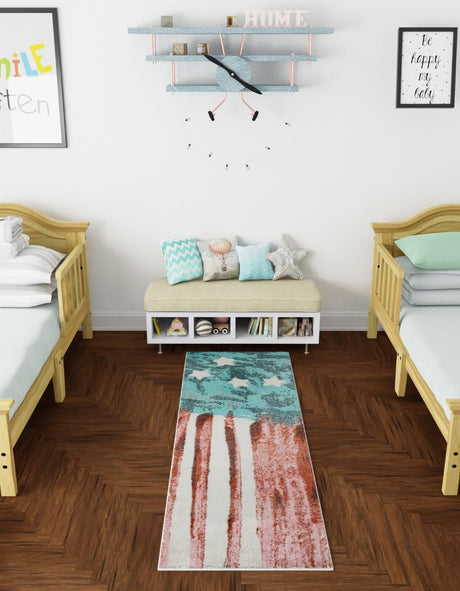 Red and Blue 2' 2 x 6' 1 Whimsy Kids Runner Area Rug for Baby Nursery, Toddler Playroom,  Bedrooms Playful Fun Design Easy Clean Carpet for Sale at Rug Engine