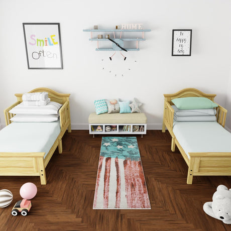 Red and Blue 2' 2 x 6' 1 Whimsy Kids Runner Area Rug for Baby Nursery, Toddler Playroom,  Bedrooms Playful Fun Design Easy Clean Carpet for Sale at Rug Engine