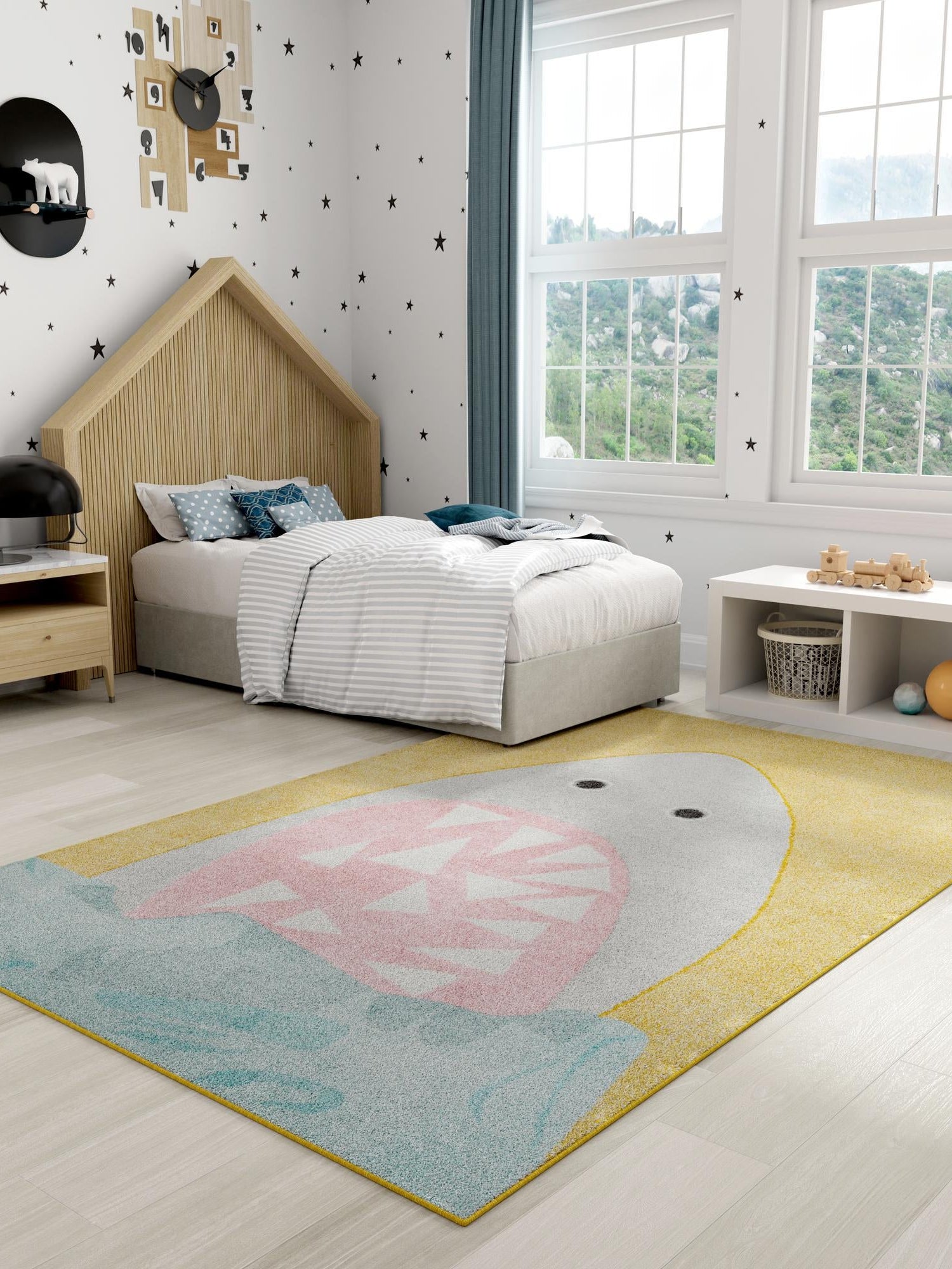 Yellow 4' 1 x 6' 1 Whimsy Kids Rectangle Area Rug for Baby Nursery, Toddler Playroom, Bedrooms