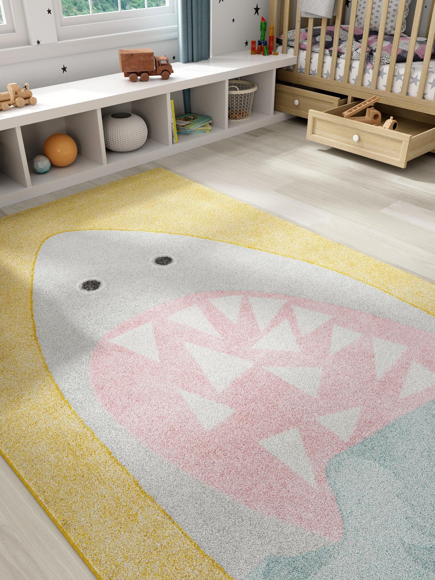 Yellow 4' 1 x 6' 1 Whimsy Kids Rectangle Area Rug for Baby Nursery, Toddler Playroom, Bedrooms