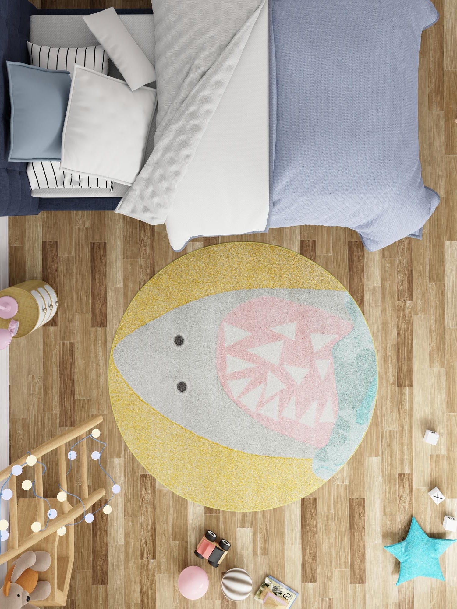 Yellow 5' 1 x 5' 1 Whimsy Kids Round Area Rug for Baby Nursery, Toddler Playroom, Bedrooms