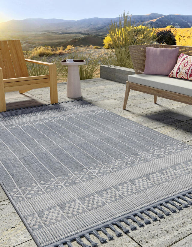 Cool Gray 9' x 12' Eco Bohemian Indoor Outdoor Rectangle Area Rug Weather Resistant for Patio, Deck, Terrace, Balcony, Porch 100% Recycled PET Polyester Carpet Mat for Sale at Rug Engine