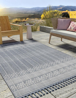 Cool Gray 7' 10 x 10' Eco Bohemian Indoor Outdoor Rectangle Area Rug Weather Resistant for Patio, Deck, Terrace, Balcony, Porch 100% Recycled PET Polyester Carpet Mat for Sale at Rug Engine