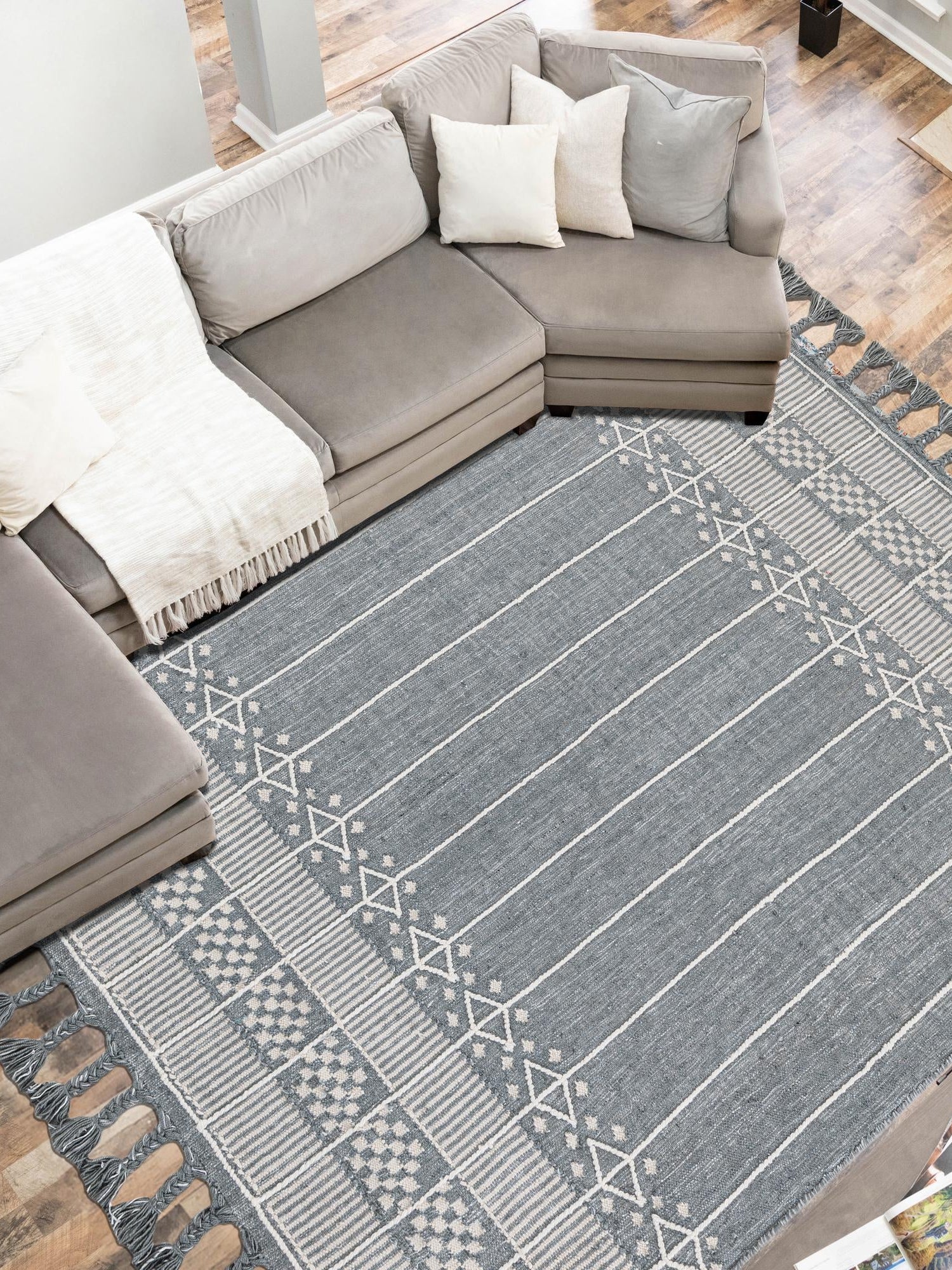 Cool Gray 10' x 14' 1 Eco Bohemian Indoor Outdoor Rectangle Area Rug Weather Resistant for Patio, Deck, Terrace, Balcony, Porch 100% Recycled PET Polyester Carpet Mat for Sale at Rug Engine