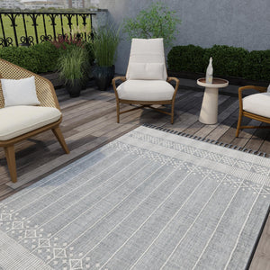 Cool Gray 9' x 12' Eco Bohemian Indoor Outdoor Rectangle Area Rug Weather Resistant for Patio, Deck, Terrace, Balcony, Porch 100% Recycled PET Polyester Carpet Mat for Sale at Rug Engine