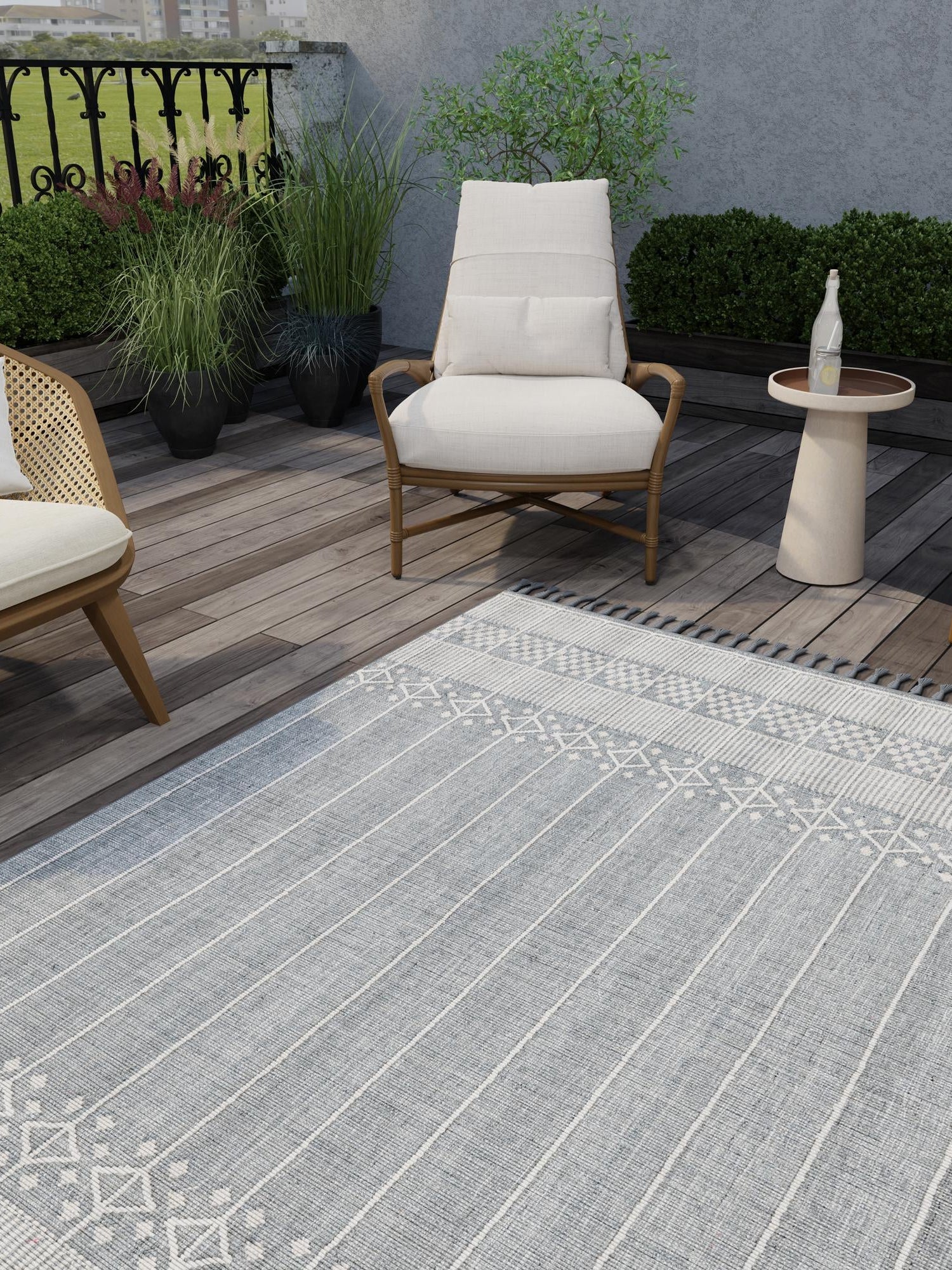 Cool Gray 7' 10 x 10' Eco Bohemian Indoor Outdoor Rectangle Area Rug Weather Resistant for Patio, Deck, Terrace, Balcony, Porch 100% Recycled PET Polyester Carpet Mat for Sale at Rug Engine
